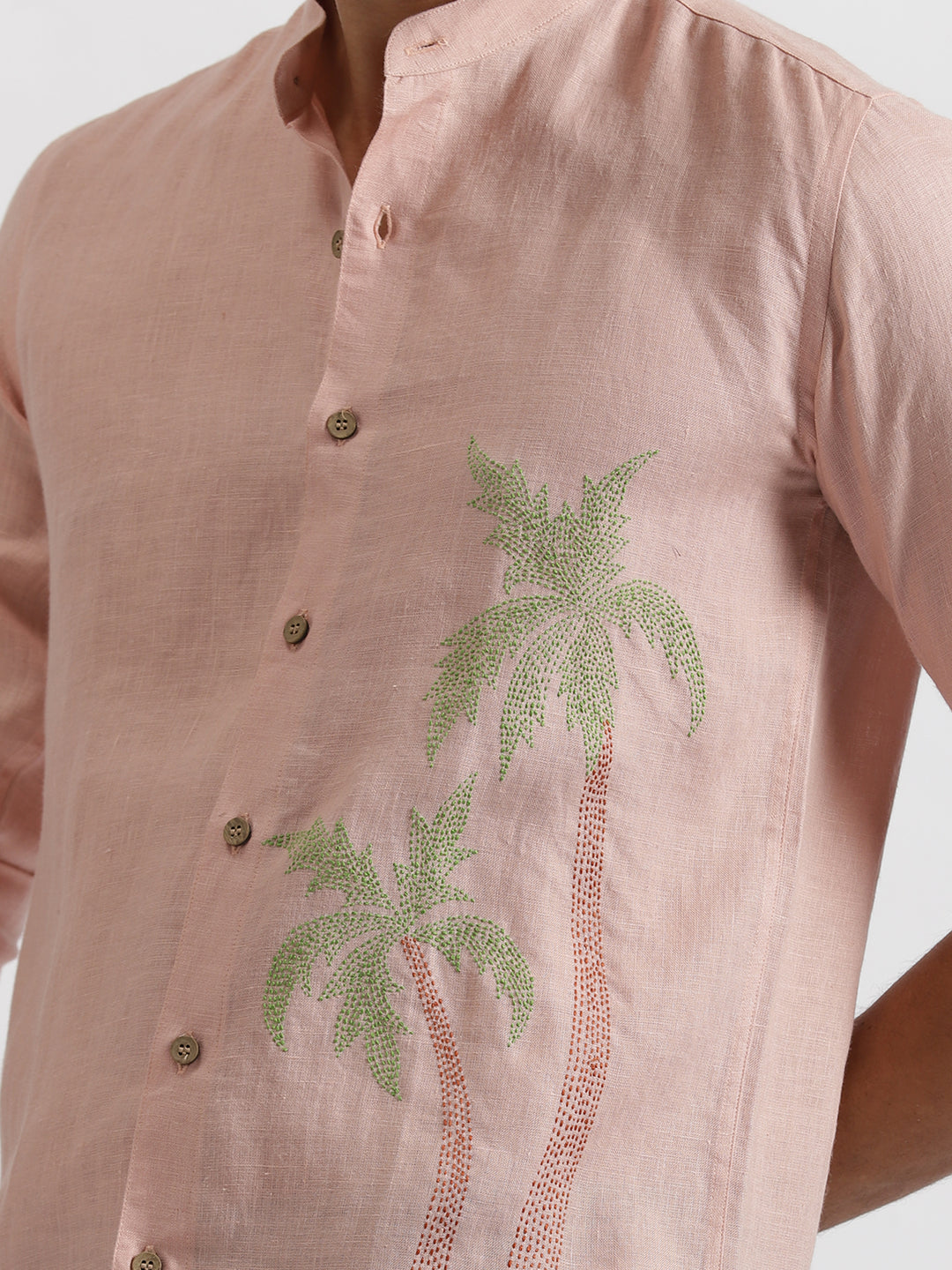 Palm - Pure Linen Hand Embroidered Full Sleeve Shirt - Pink