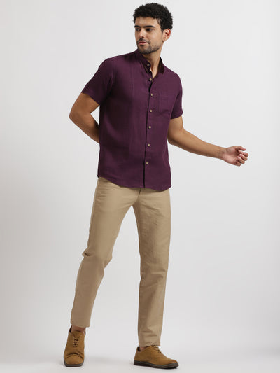 Trevor - Pure Linen Mandarin Collar Half Sleeve Shirt - Dark Purple