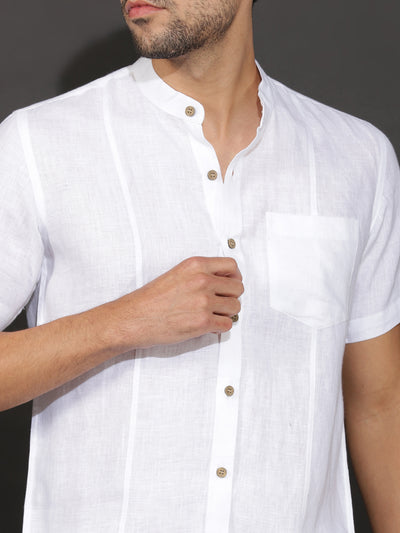 Trevor - Pure Linen Mandarin Collar Half Sleeve Shirt - White