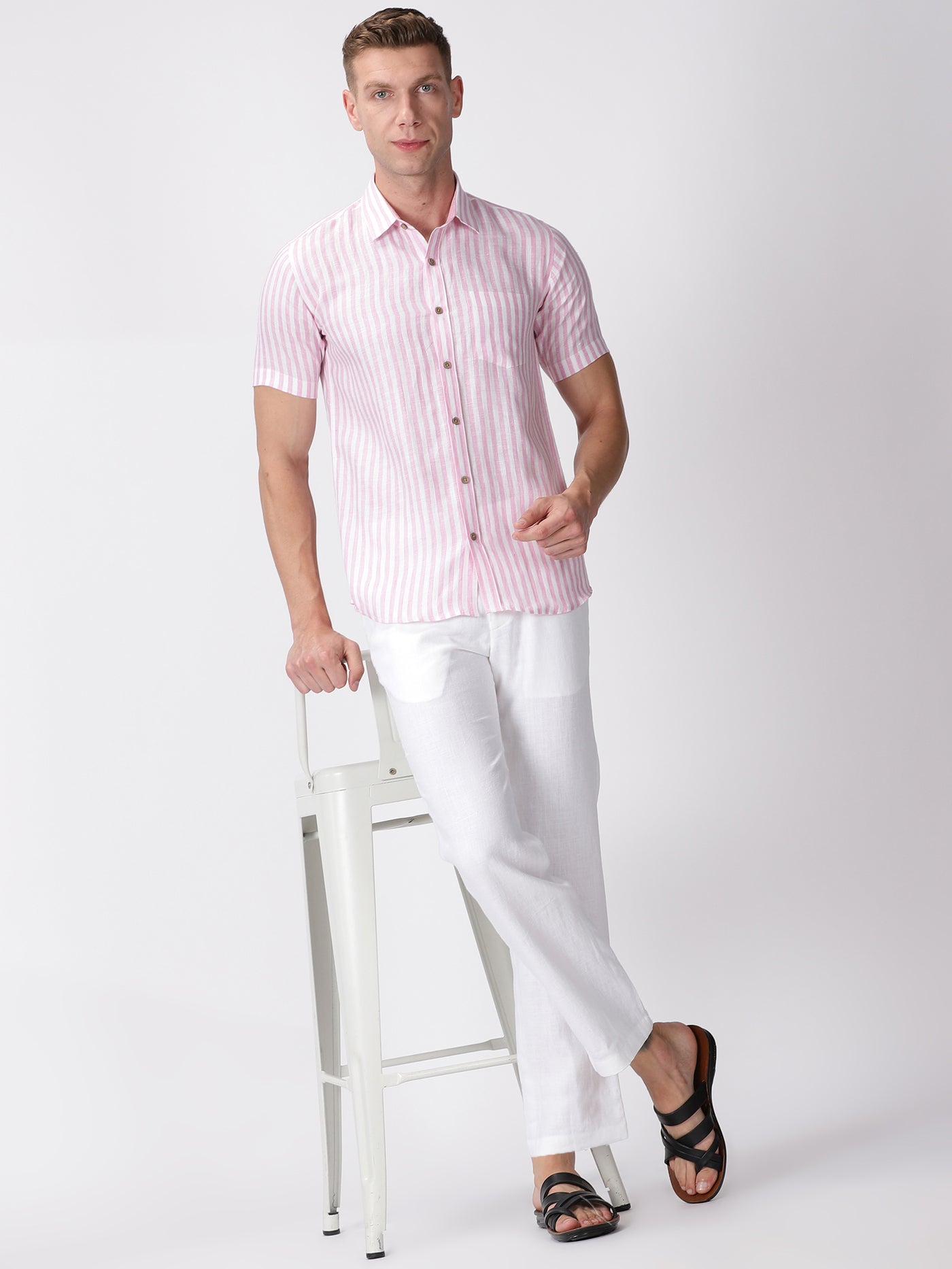 Arthur - Pure Linen Short Sleeve Shirt - Candy Pink Stripes