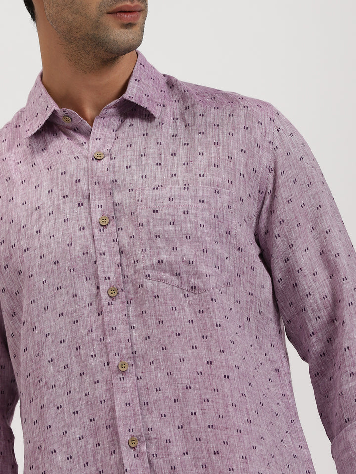 Haynes - Pure Linen Block Printed Dobby Full Sleeve Shirt - Lilac