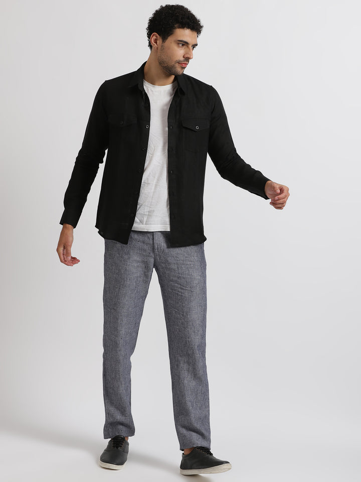 Thomas - Pure Linen Double Pocket Full Sleeve Shirt - Black