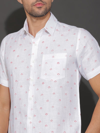 Adam - Pure Linen Block Printed Half Sleeve Shirt - Red & White