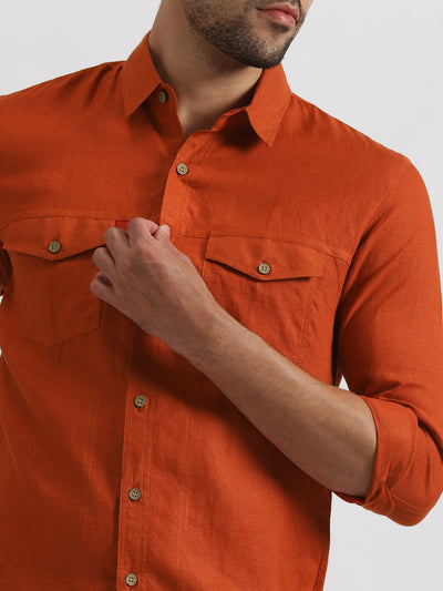 Thomas - Men's Pure Linen Double Pocket Full Sleeve Shirt - Rust