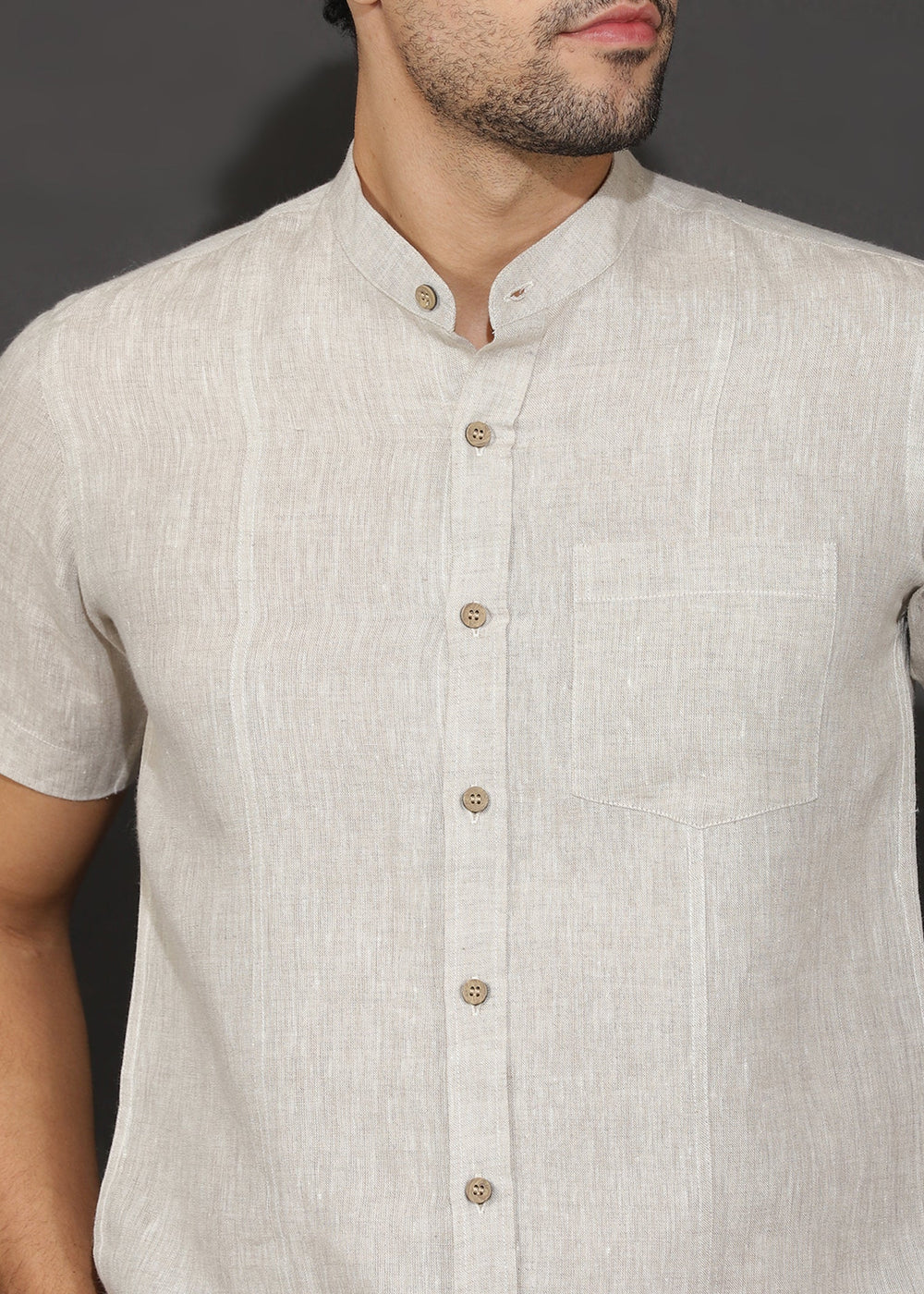 Trevor - Pure Linen Mandarin Collar Half Sleeve Shirt - Ecru