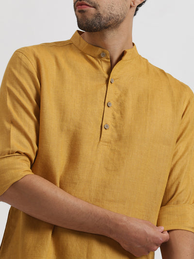 Parker - Full Sleeve Mandarin Collar Pure Linen Short Kurta - Mustard Yellow