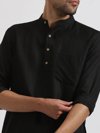Jace - Full Sleeve Mandarin Collar Pure Linen Short Kurta - Black