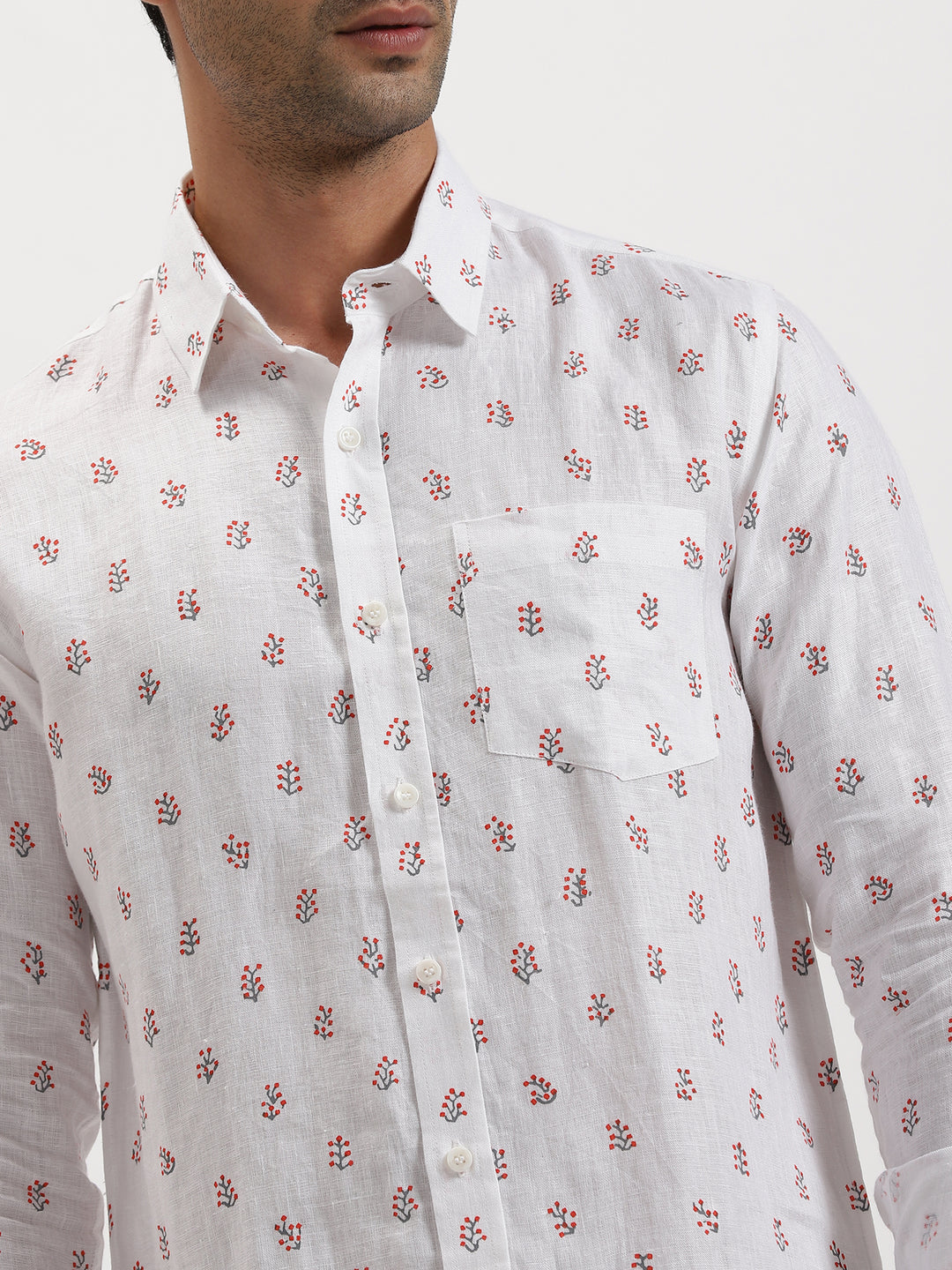 Archer - Pure Linen Block Printed Full Sleeve Shirt - Grey & Red