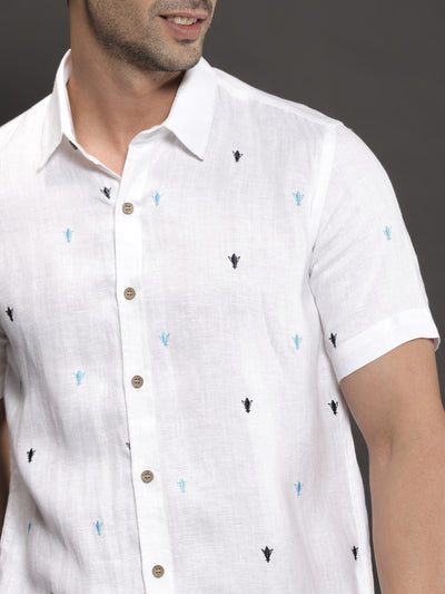 Chris - Pure Linen Embroidered Half Sleeve Shirt - White