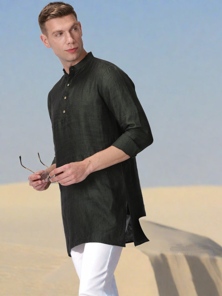 Parker - Full Sleeve Mandarin Collar Pure Linen Short Kurta - Forest Green