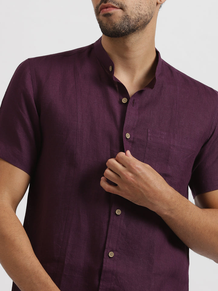 Trevor - Pure Linen Mandarin Collar Half Sleeve Shirt - Dark Purple