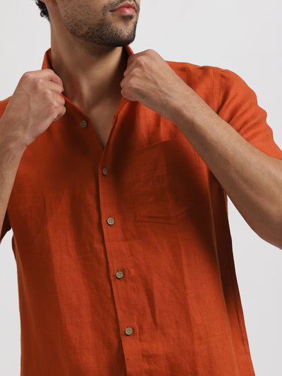 Henry - Pure Linen Half Sleeve Shirt - Rust