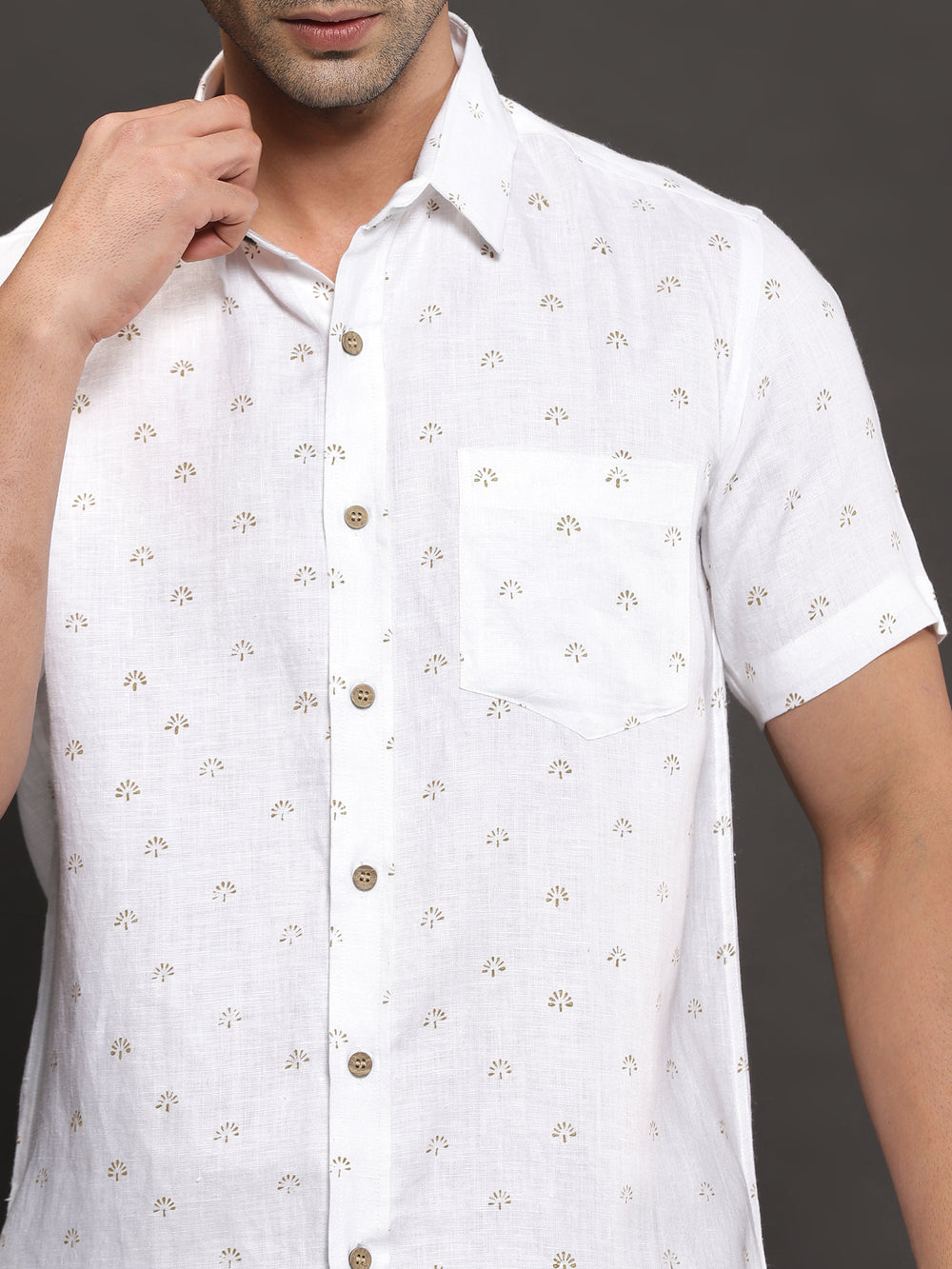 Adam - Pure Linen Block Printed Half Sleeve Shirt - White