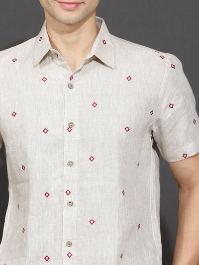Andrian - Pure Linen Embroidered Half Sleeve Shirt - Ecru
