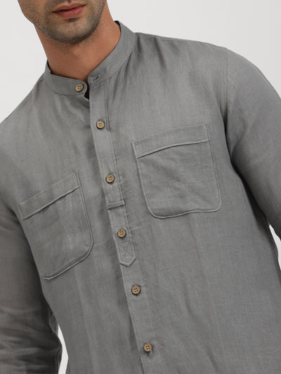 Luca - Pure Linen Double Pocket Full Sleeve Shirt - Slate Grey