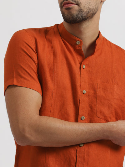 Trevor - Pure Linen Mandarin Collar Half Sleeve Shirt - Rust