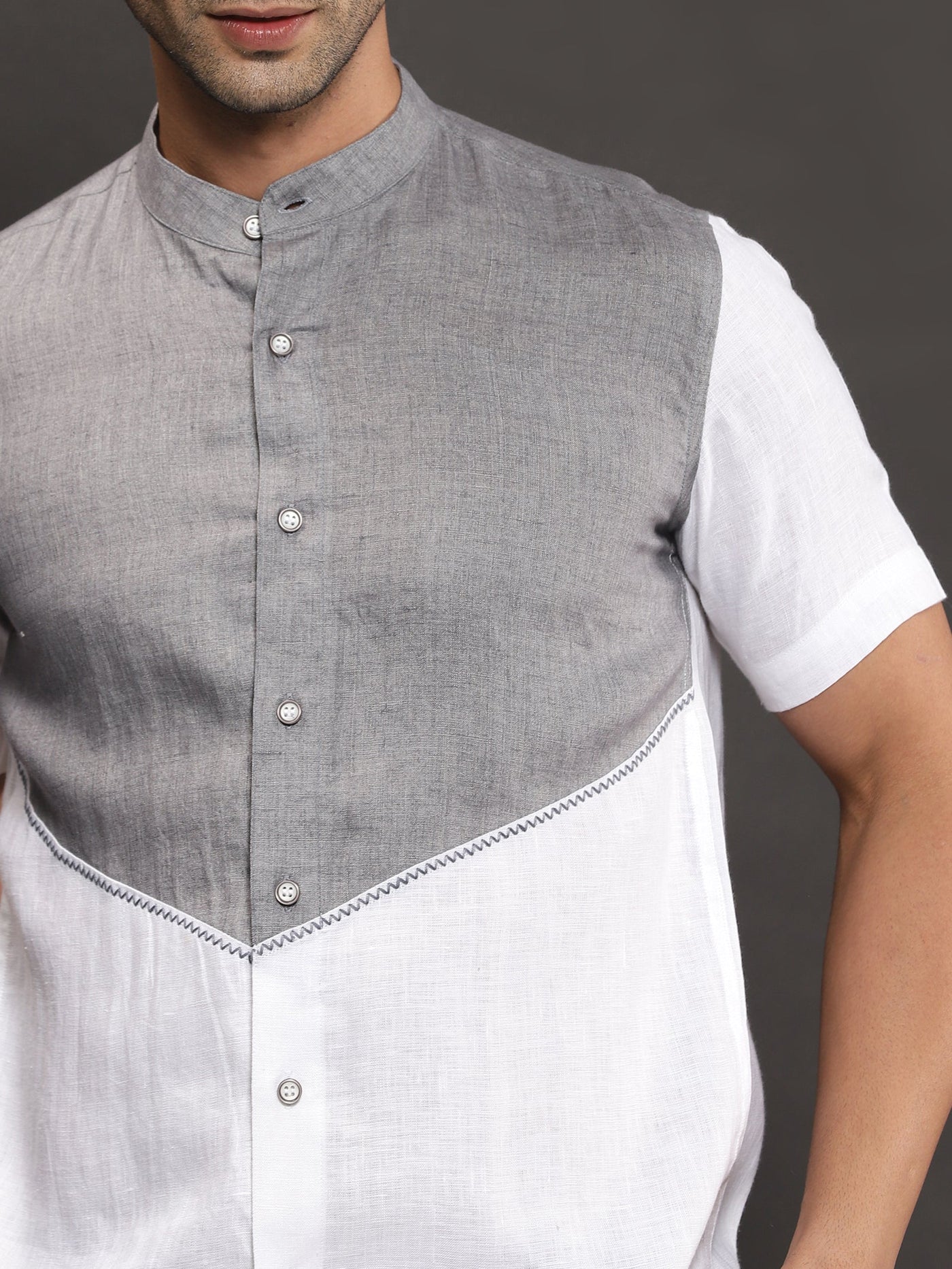 Jake : Grey & White Pure Linen Short Sleeve Shirt | Rescue