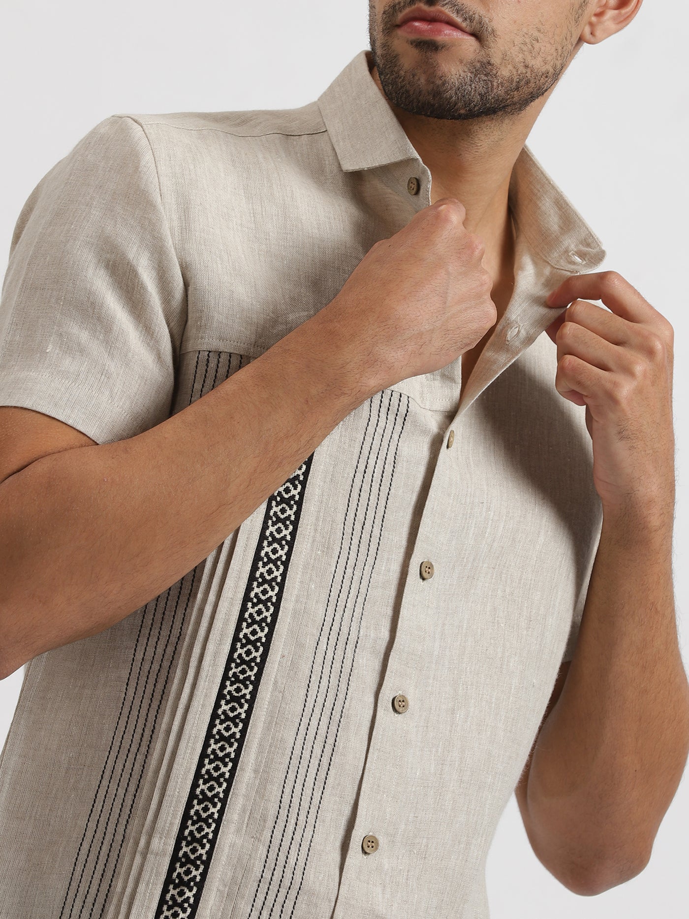 Aryan - Pure Linen Toda Hand-Embroidered Half Sleeve Shirt - Ecru