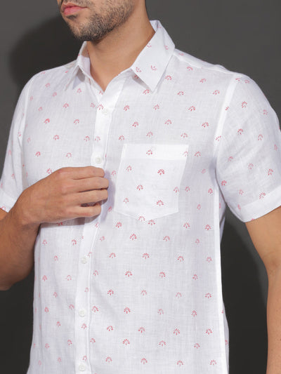 Adam - Pure Linen Block Printed Half Sleeve Shirt - Red & White