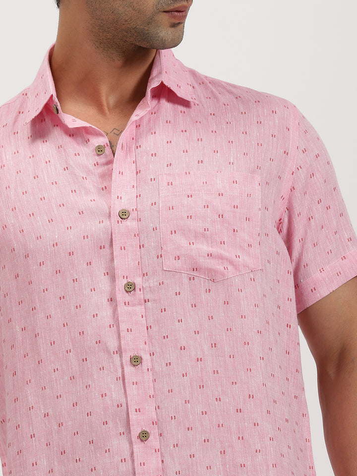 Haynes - Pure Linen Block Printed Dobby Half Sleeve Shirt - Pink