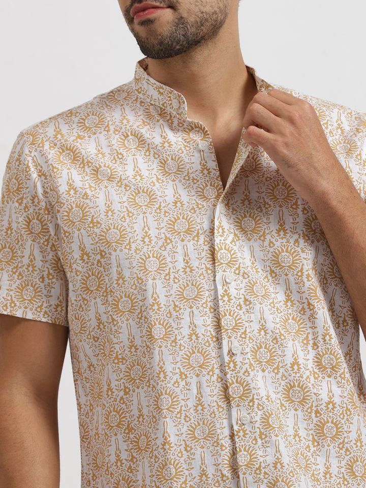 Leon - Pure Linen Block Printed Half Sleeve Shirt - Cocoa Brown