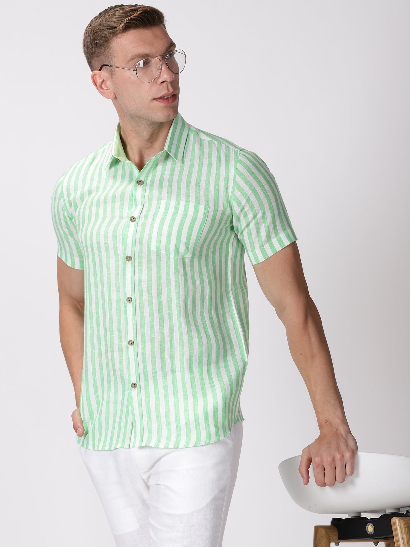 Arthur - Pure Linen Short Sleeve Shirt - Awning Green Stripes