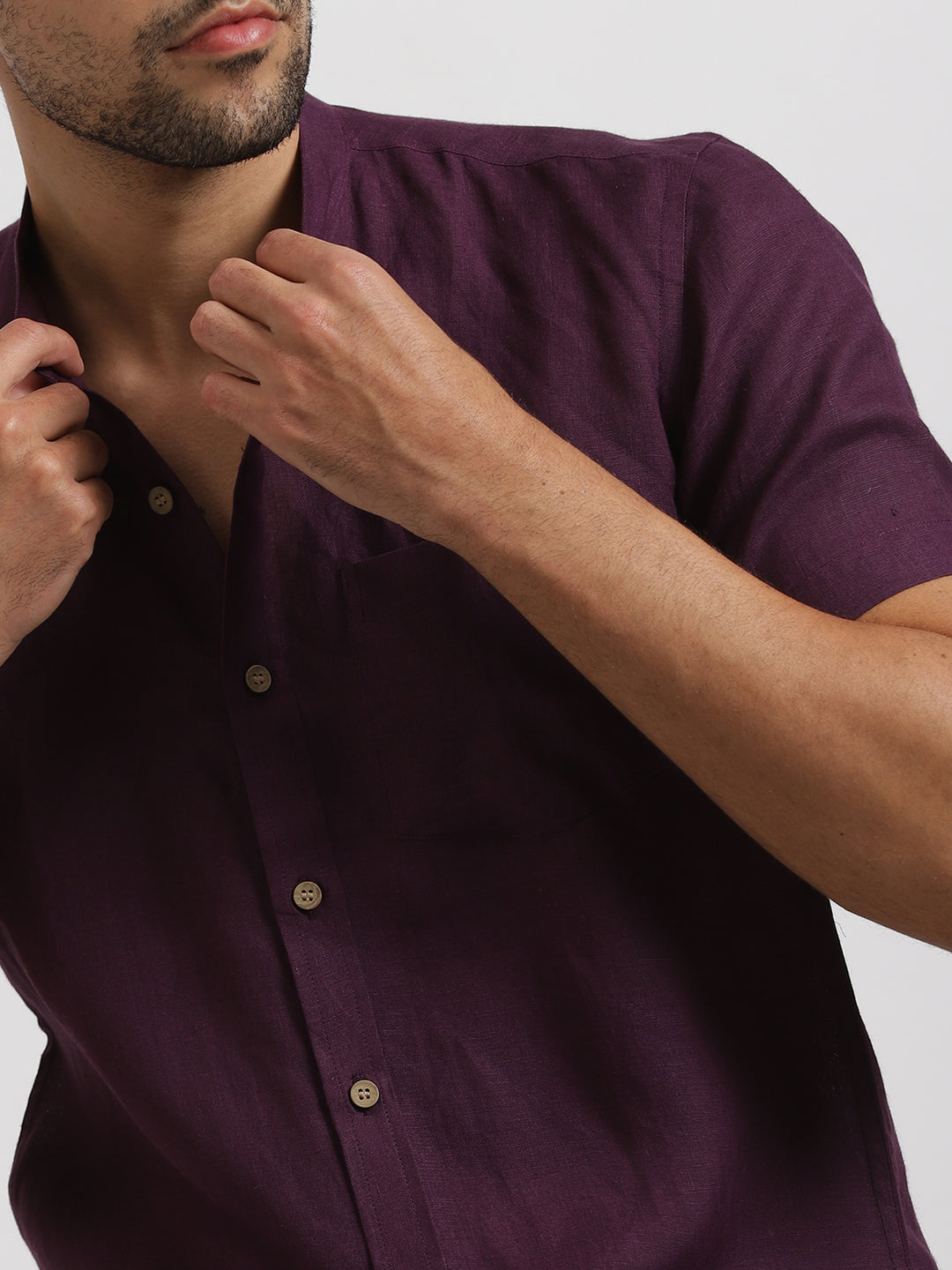 Dark Purple Mandarin Collar Pure Linen Half Sleeve Shirt Linen Trail Dark Purple Mandarin Collar Pure Linen Half Sleeve Shirt Linen Trail