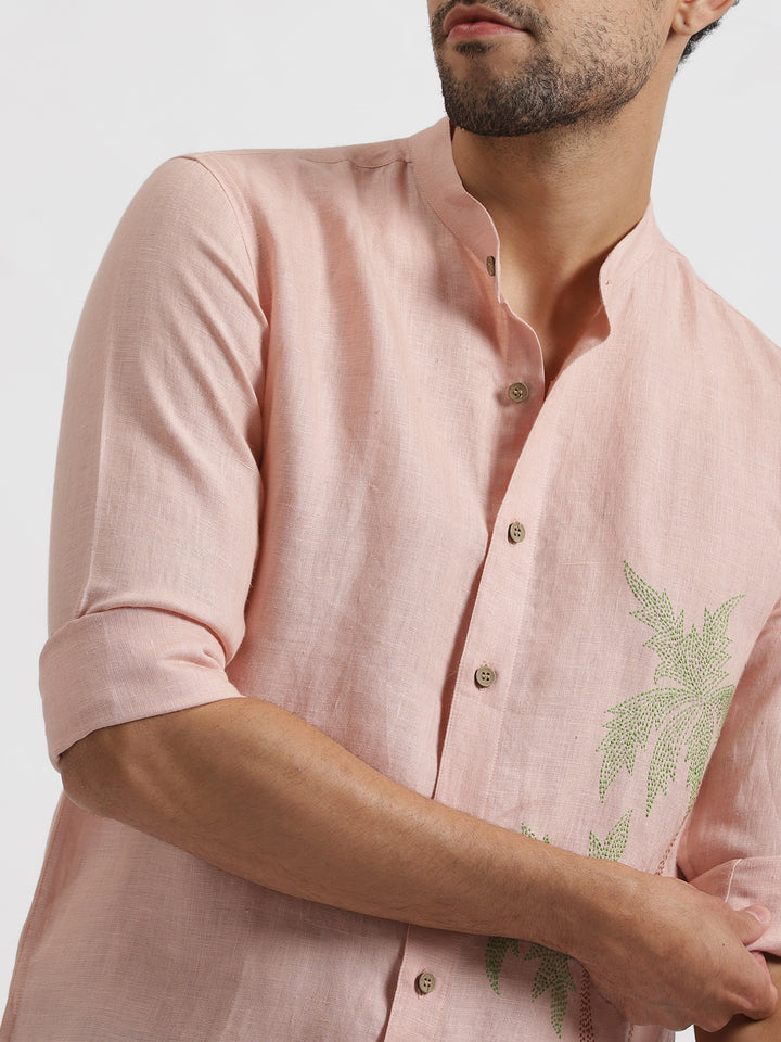 Palm - Pure Linen Hand Embroidered Full Sleeve Shirt - Pink