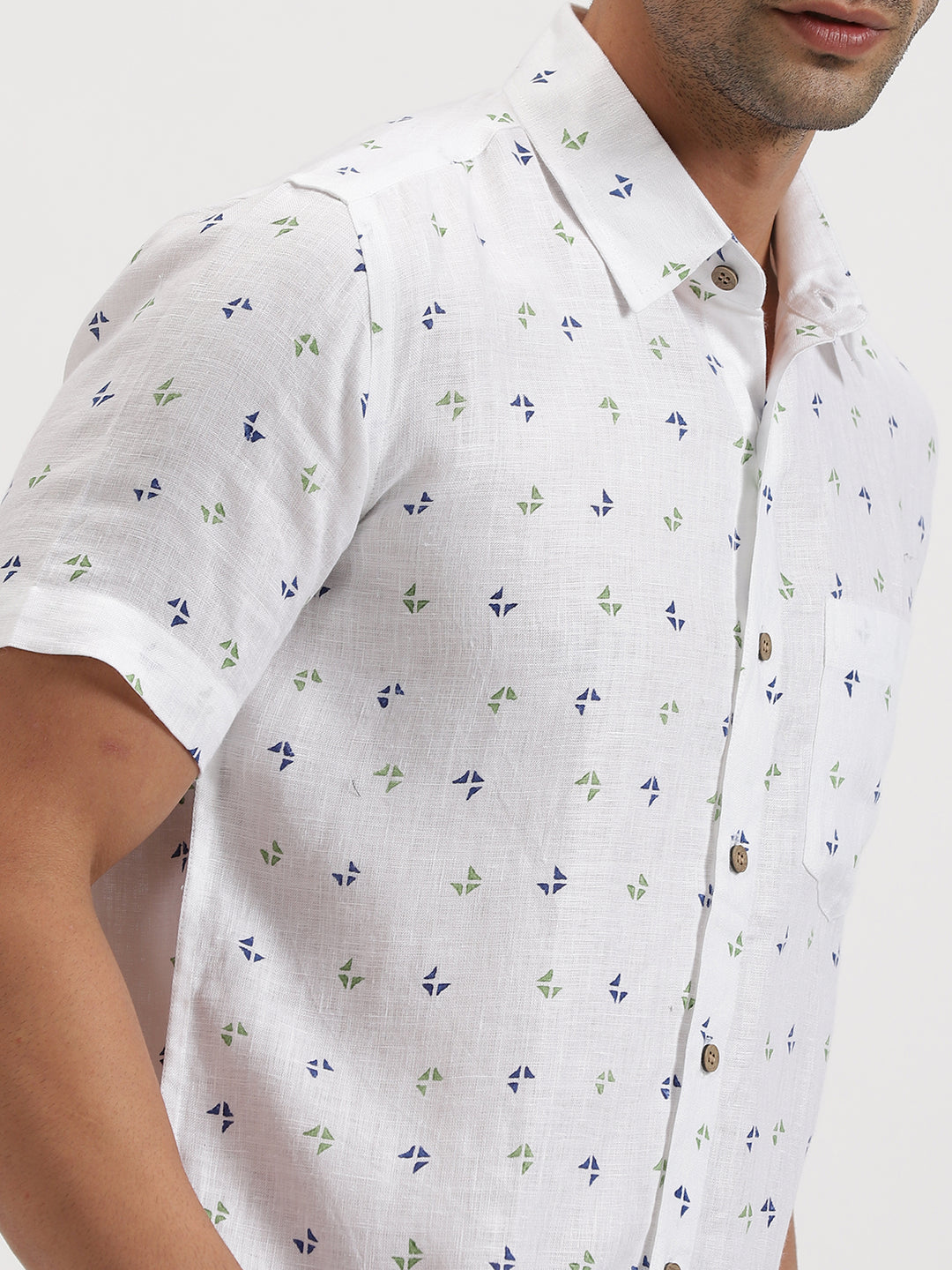 Elies - Pure Linen Block Printed Half Sleeve Shirt - Navy & Green