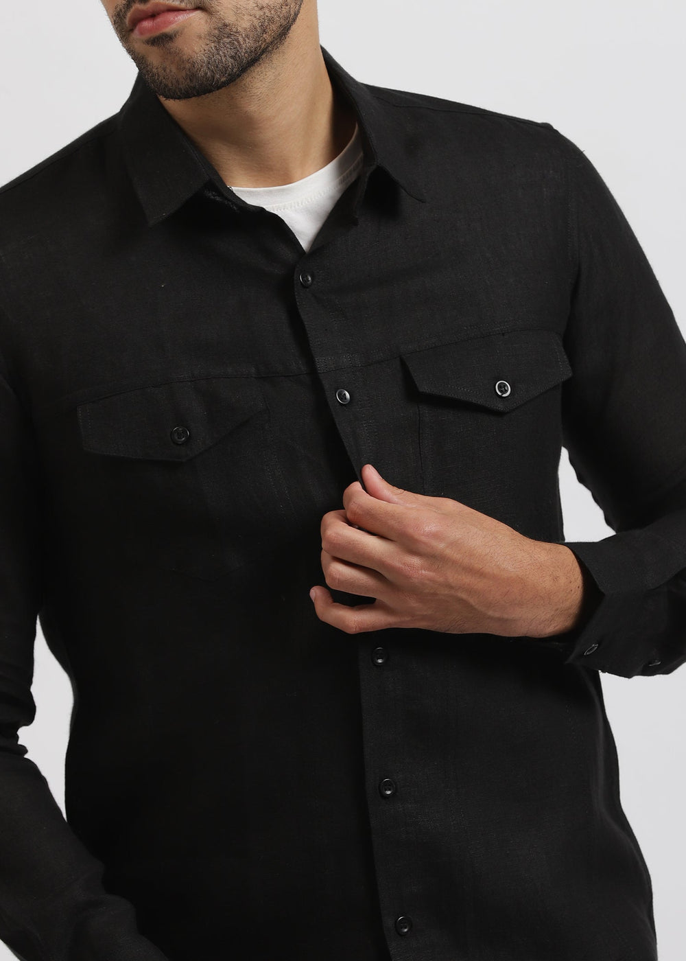 Thomas - Pure Linen Double Pocket Full Sleeve Shirt - Black