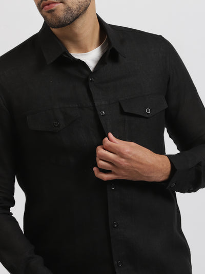Thomas - Pure Linen Double Pocket Full Sleeve Shirt - Black
