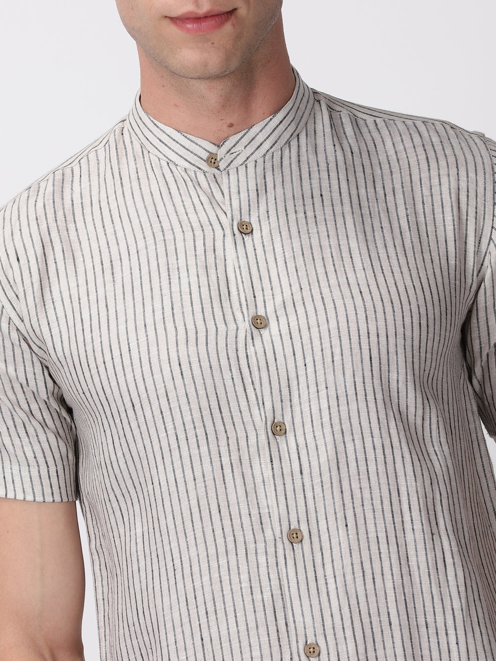 Max - Pure Linen Striped Short Sleeve Shirt - Ecru & Black