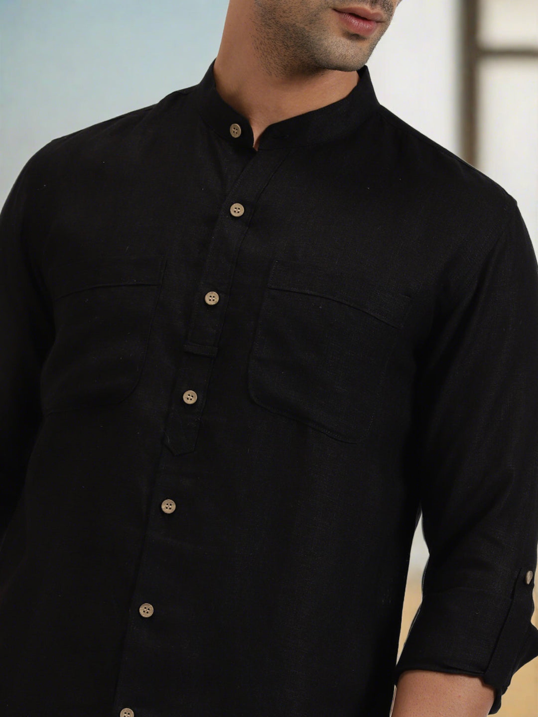 Luca - Pure Linen Double Pocket Full Sleeve Shirt - Black