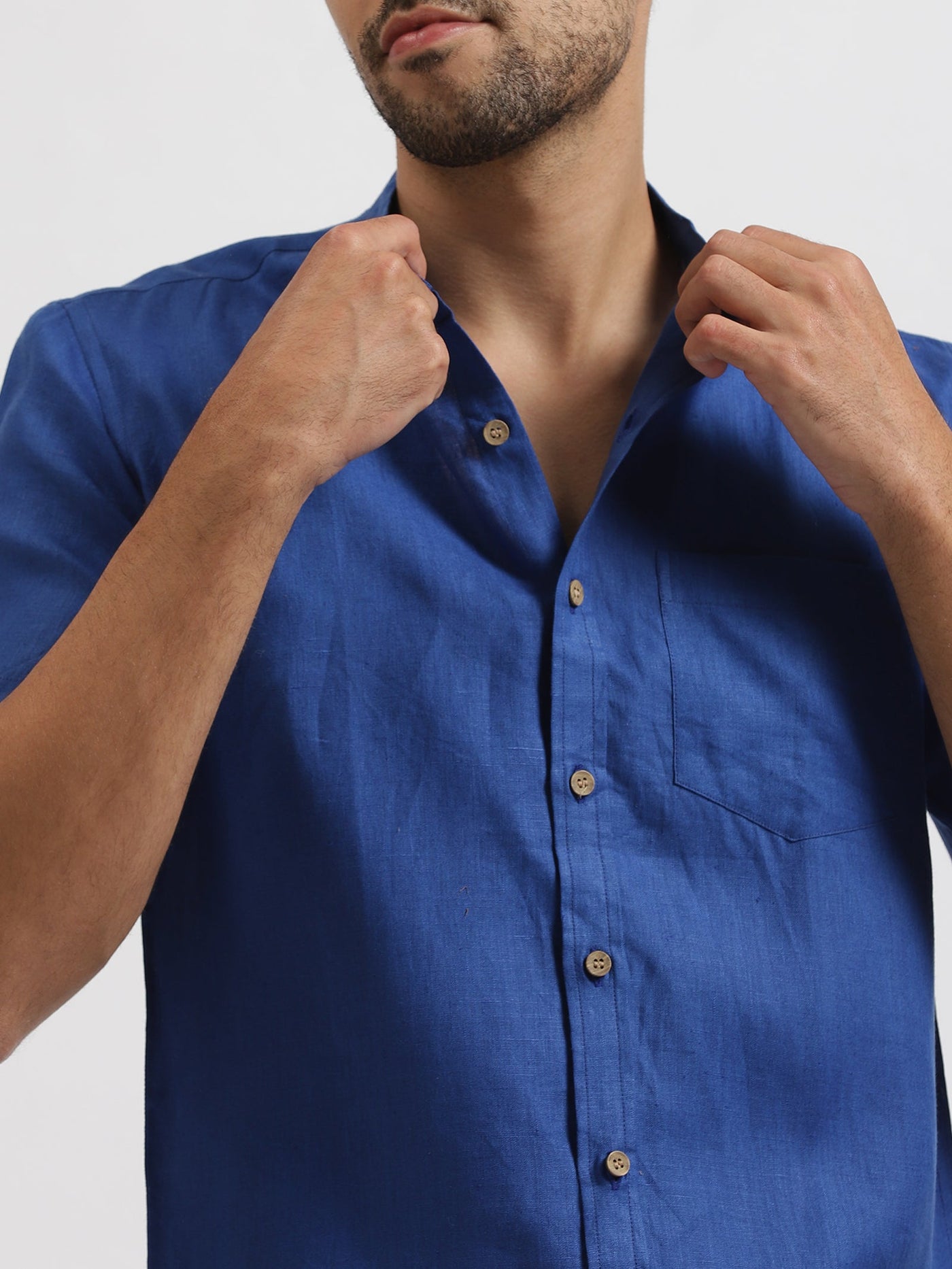 Chang - Pure Linen Mandarin Collar Half Sleeve Shirt - Blue | Rescue