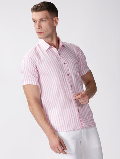 Arthur - Pure Linen Short Sleeve Shirt - Candy Pink Stripes