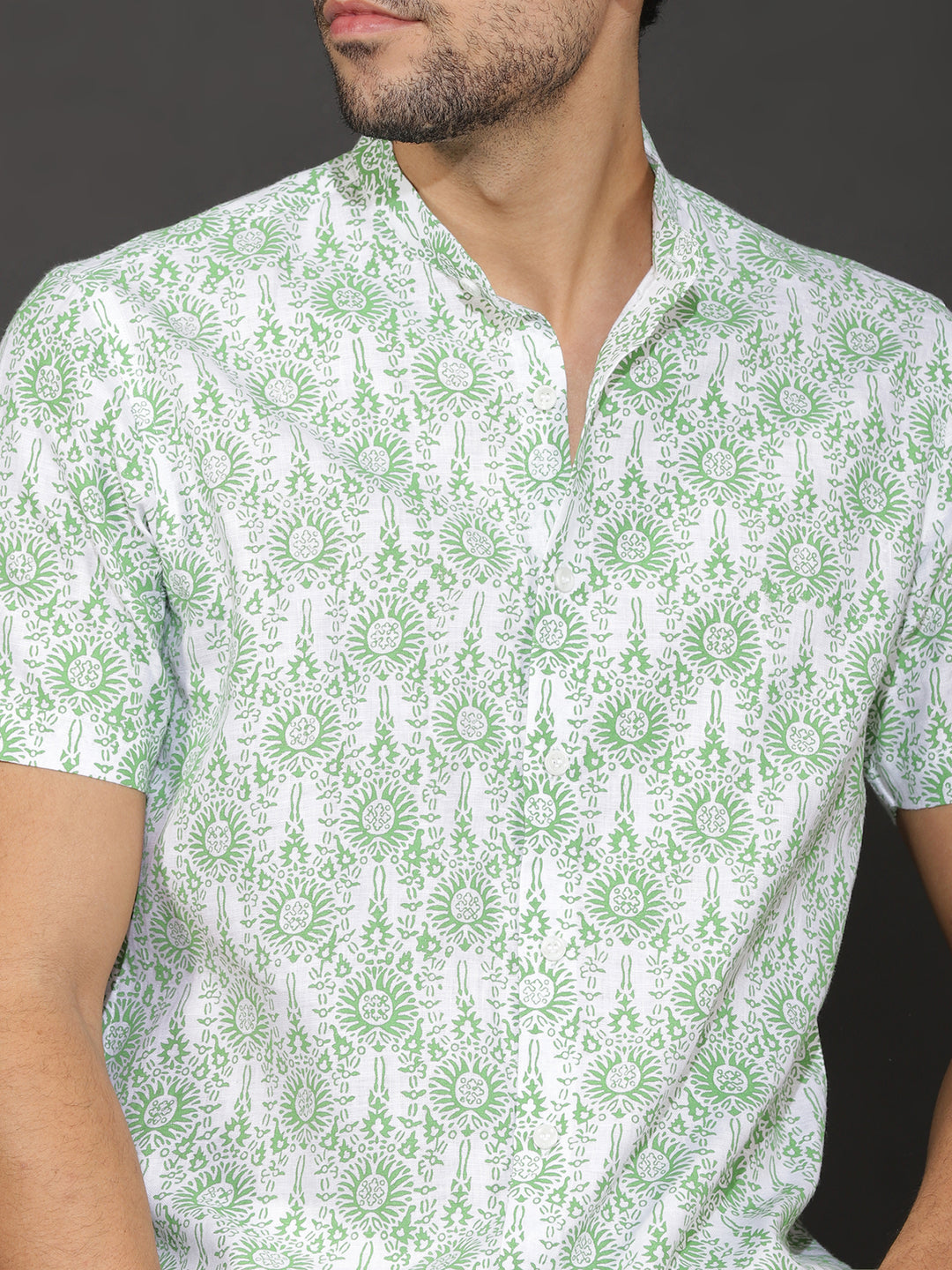 Leon - Pure Linen Block Printed Half Sleeve Shirt - Green & White