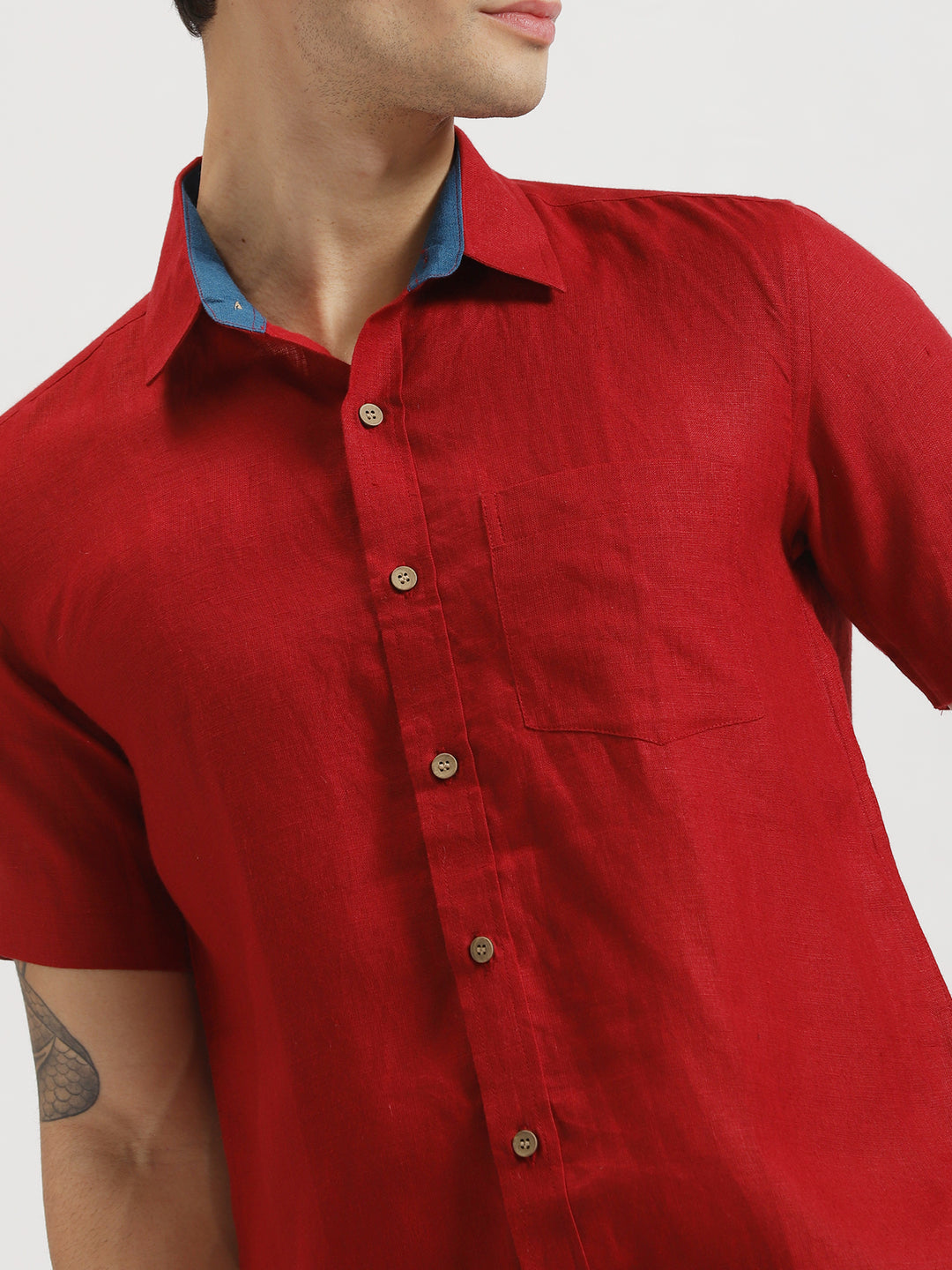Max - Pure Linen Half Sleeve Shirt - Mud Red
