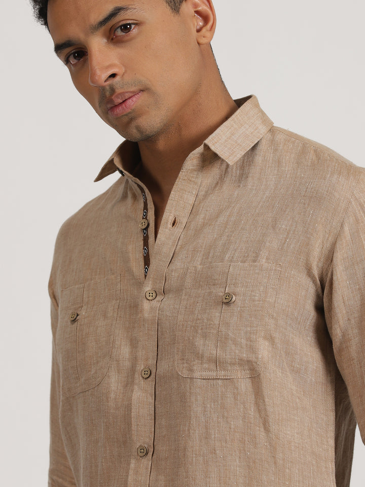Neal - Pure Linen Double Pocket Full Sleeve Shirt - Mocha