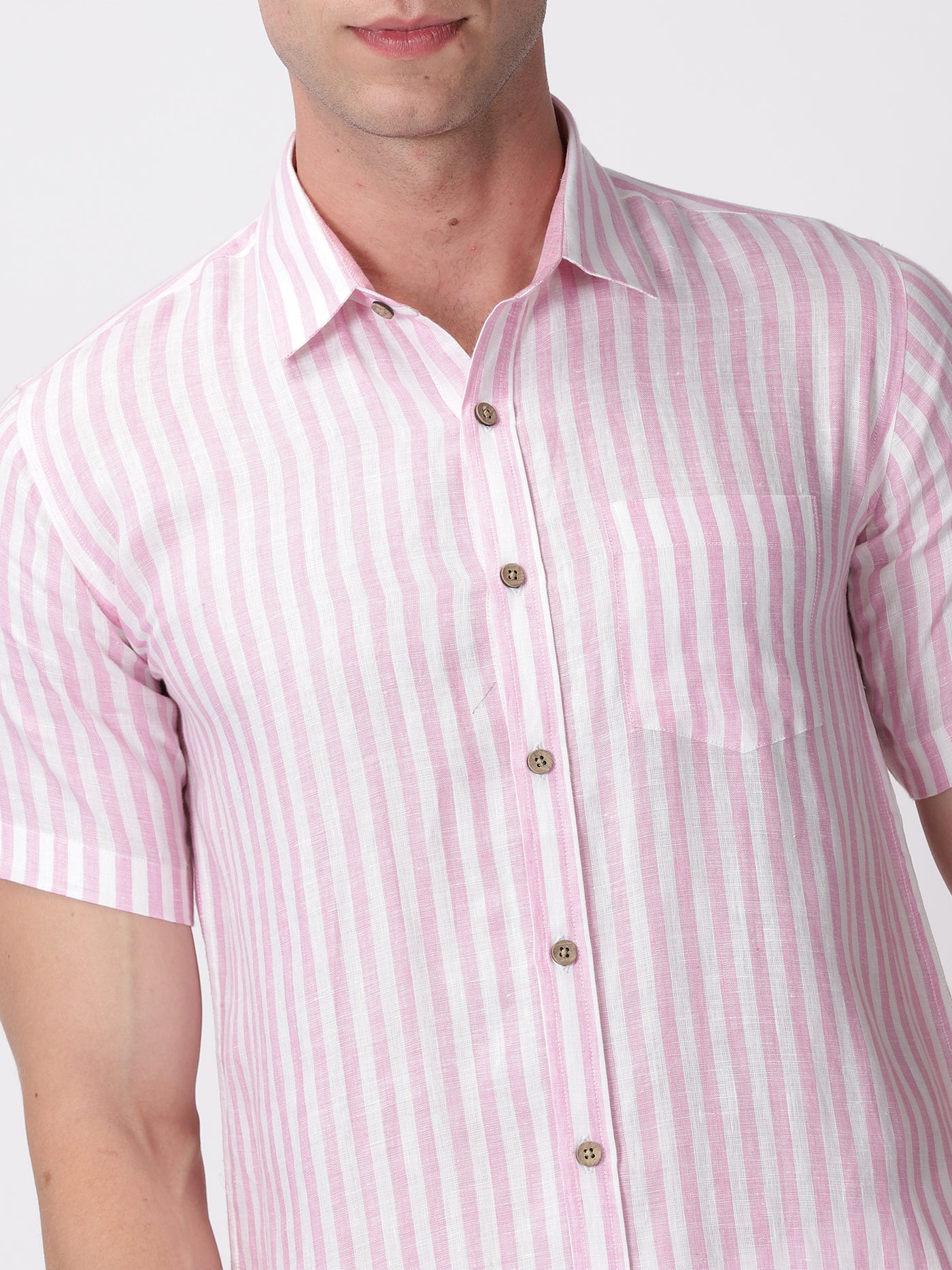 Arthur - Pure Linen Short Sleeve Shirt - Candy Pink Stripes