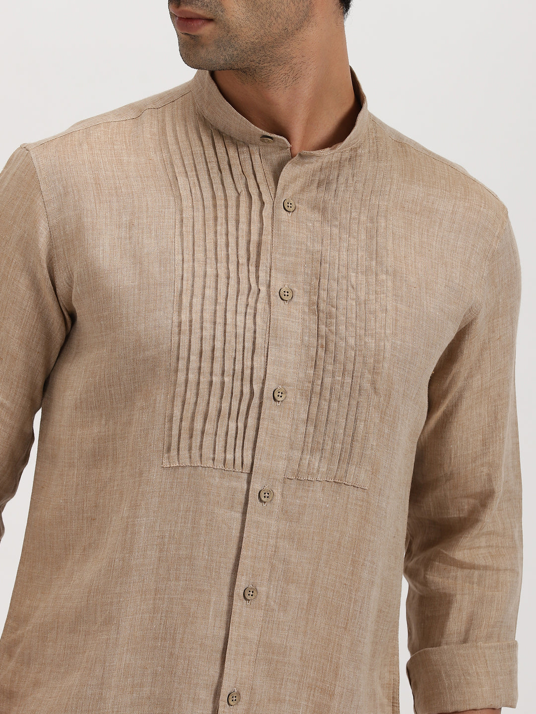 Rickson - Pure Linen Pleat Detailed Full Sleeve Shirt - Mocha