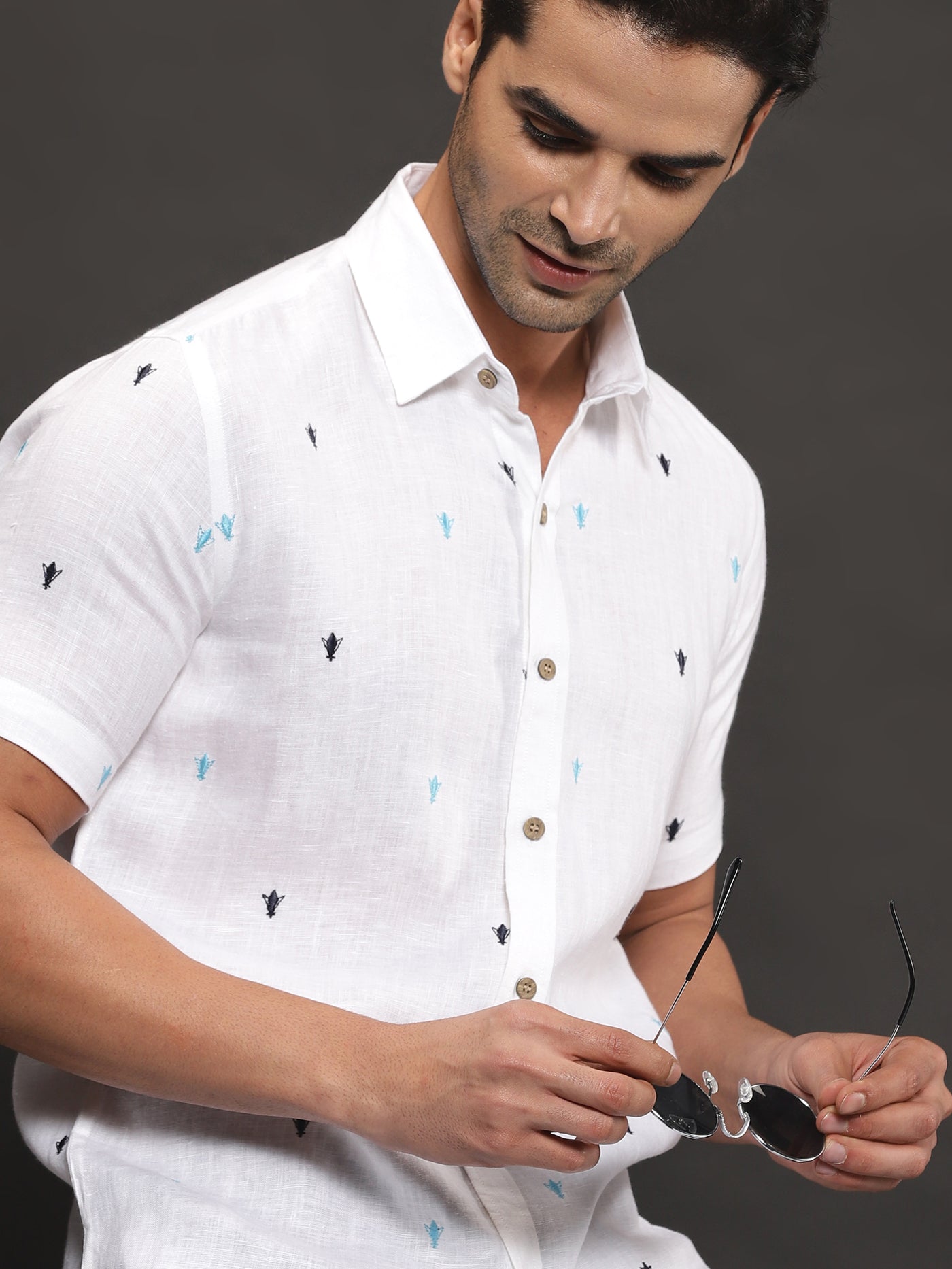 Chris - Pure Linen Embroidered Half Sleeve Shirt - White