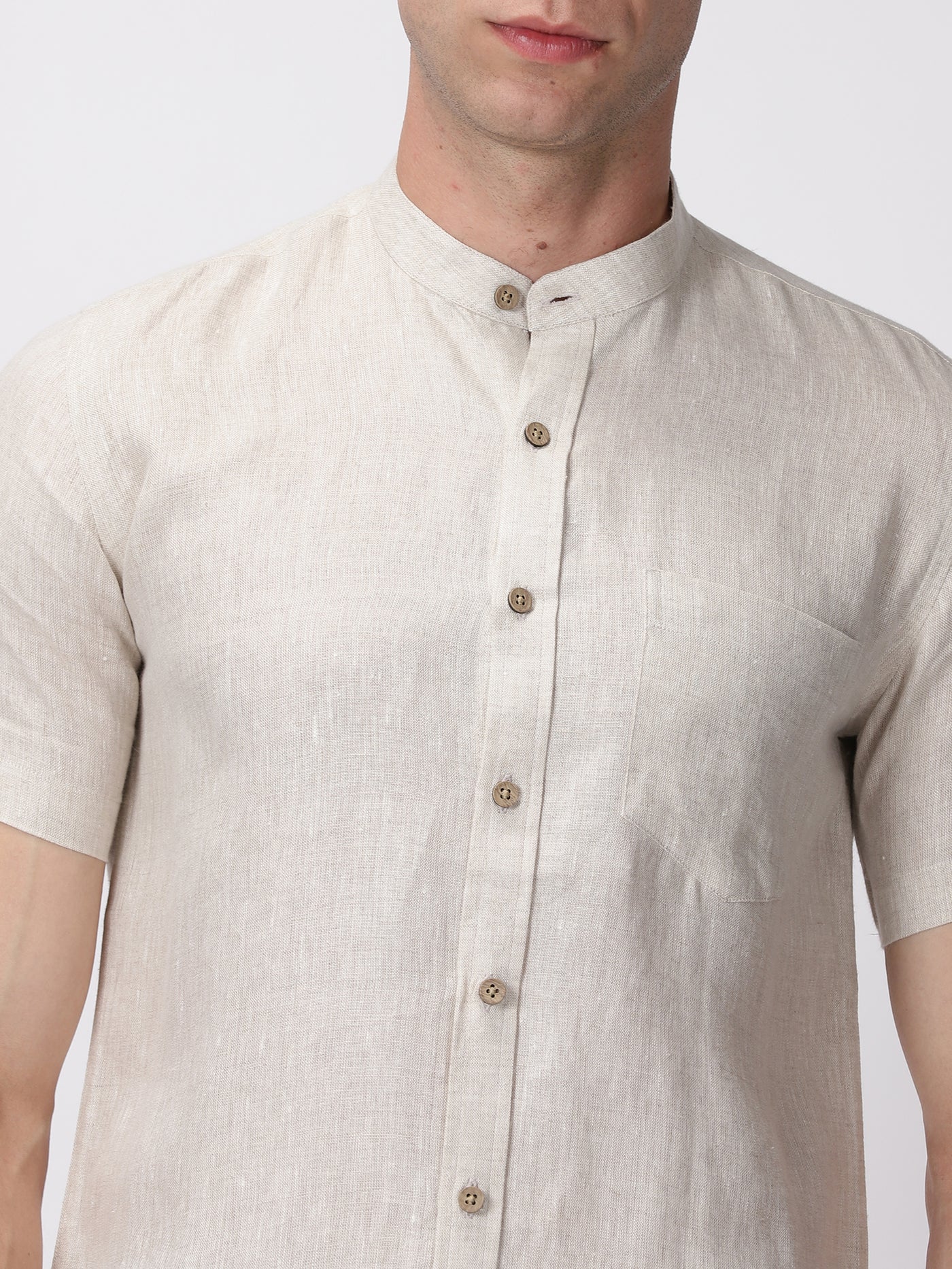 Chang - Pure Linen Mandarin Collar Half Sleeve Shirt - Ecru