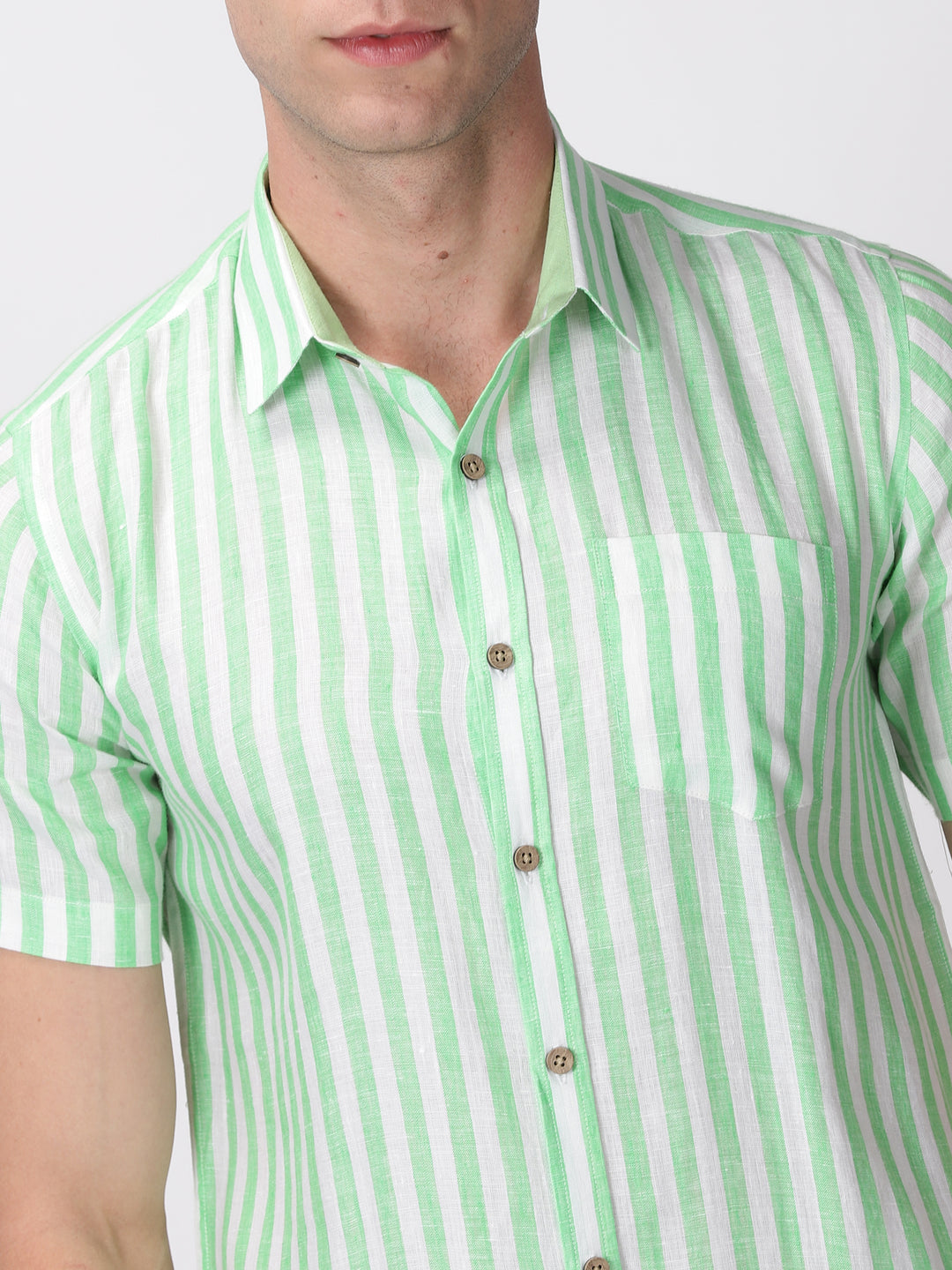 Arthur - Pure Linen Short Sleeve Shirt - Awning Green Stripes