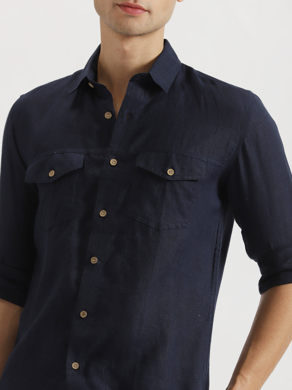 Thomas - Pure Linen Double Pocket Full Sleeve Shirt - Dark Blue