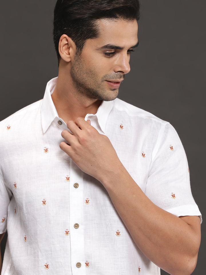 Aiden - Pure Linen Embroidered Half Sleeve Shirt - White