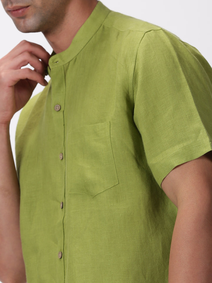 Enzo - Pure Linen Mandarin Collar Half Sleeve Shirt - Peridot Green