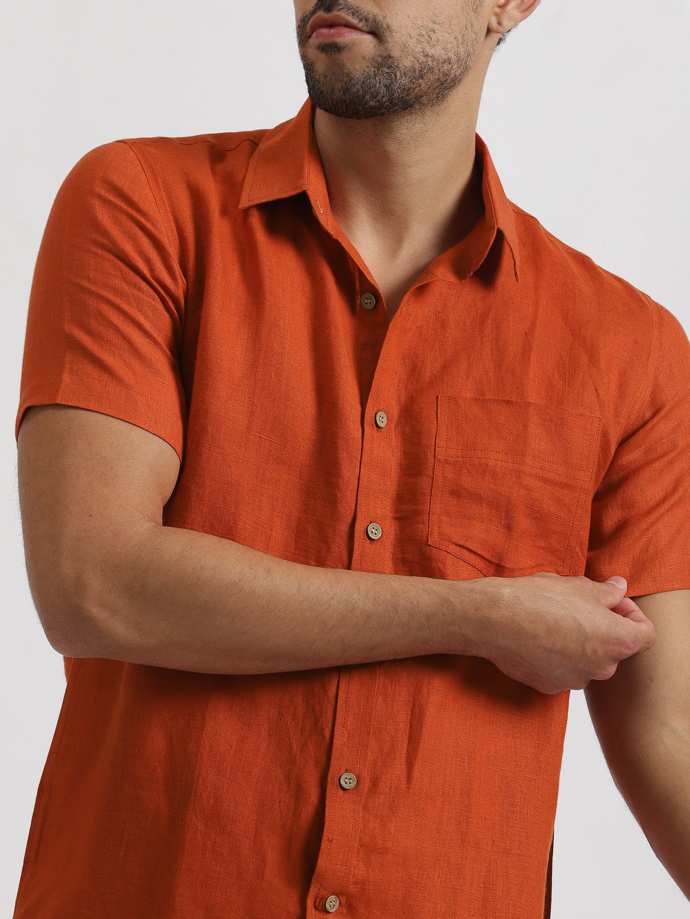 Henry - Pure Linen Half Sleeve Shirt - Rust