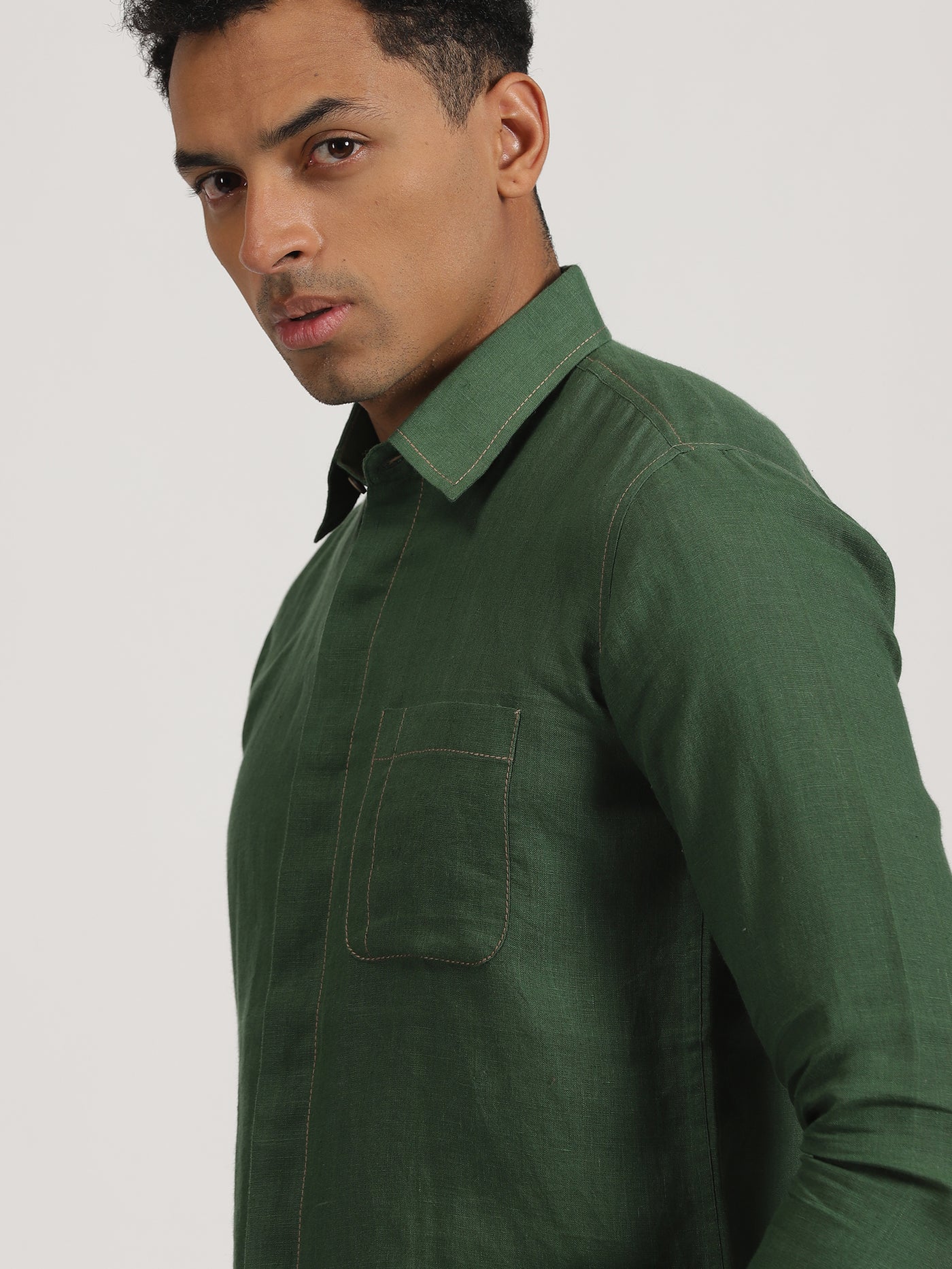 Paul - Pure Linen Stitch Detailed Full Sleeve Shirt - Dark Green
