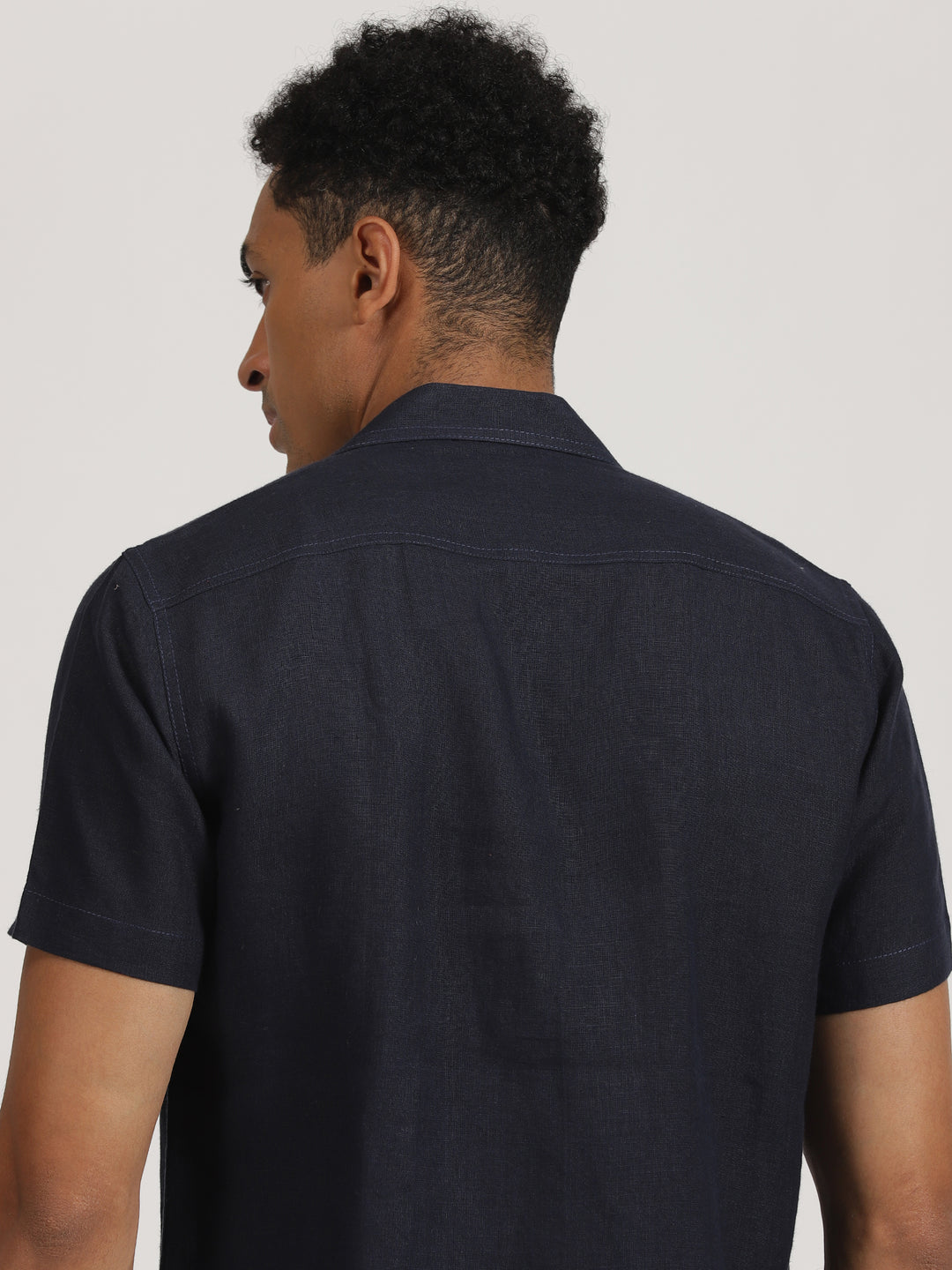 Earl - Pure Linen Half Sleeve Shirt With Stitch Details - Dark Blue