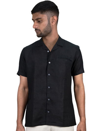 Vanta - Pure Linen Stitch Detailed Half Sleeve Shirt - Black